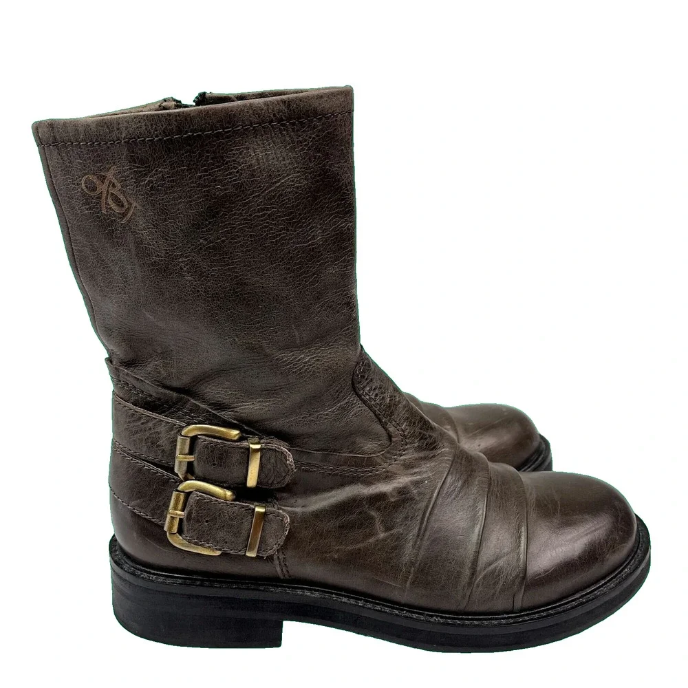 otBT Boots Womens Size 7.5 M Brown Appleton Leather Zip Double Buckle Moto
